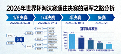 2026年世界杯淘汰赛通往决赛的冠军之路分析图，展示十六强至决赛的晋级路线与潜在对阵