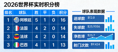 2026世界杯每日赛果与积分榜实时追踪界面，展示球队排名、胜平负数据与表现指标