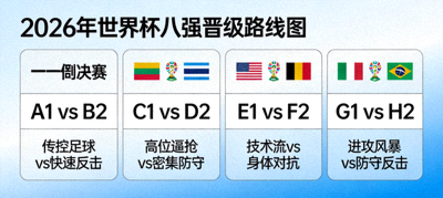 2026年世界杯八强晋级路线图，标注四分之一决赛的对阵形势与潜在战术博弈