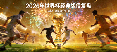 2026年世界杯经典战役复盘图，决赛赛场上的冠军争夺瞬间，背景为奖杯与烟花