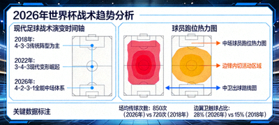 2026年世界杯战术趋势分析图，展示现代足球战术演变，包含阵型变化与球员跑位热力图