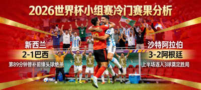 2026年世界杯小组赛冷门赛果分析图，弱旅击败强队的震撼瞬间，背景为爆冷球队庆祝画面