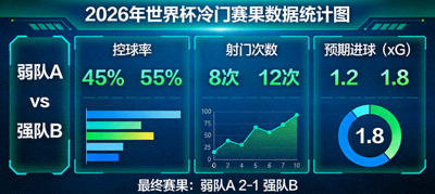 2026年世界杯冷门赛果数据统计图，包含控球率、射门次数、预期进球等关键指标对比
