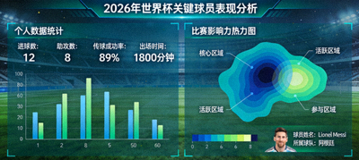 2026年世界杯关键球员表现分析图，展示球星个人数据与比赛影响力热力图
