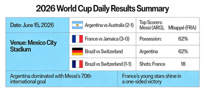 2026 World Cup daily results summary with match reports and statistics