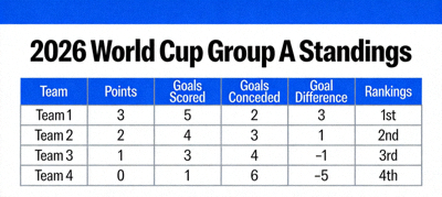 2026 World Cup Group A standings table with points, goals, and rankings