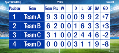 2026 World Cup Group B standings table with team positions and statistics