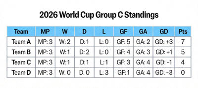 2026 World Cup Group C standings with points table and team performance