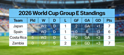 2026 World Cup Group E standings table with points and goal statistics
