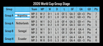 2026 World Cup group stage results table with scores and team statistics