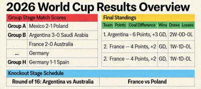 2026 World Cup results overview page with all match scores and standings