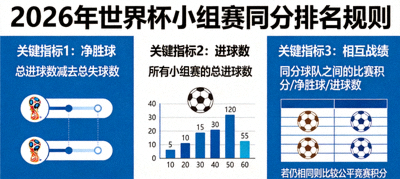2026年世界杯小组赛同分排名规则说明图，包含净胜球、进球数、相互战绩等关键指标