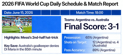 2026 FIFA World Cup daily schedule and match report summary page with highlights and statistics