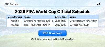 2026 FIFA World Cup official schedule PDF download preview showing printable match times and locations