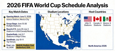 2026 FIFA World Cup schedule analysis diagram highlighting key match dates and stadium locations across North America