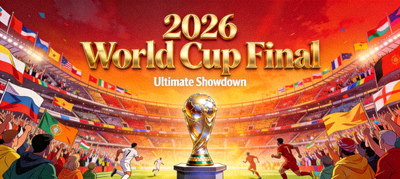 2026 World Cup final match stadium and championship trophy illustration showing the ultimate showdown