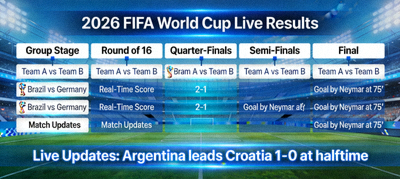 2026 World Cup live match results interface showing real-time scores and match updates from group stage to final