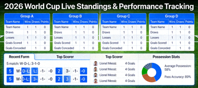2026 World Cup live standings and team performance tracking interface showing group tables and statistics