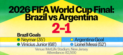 2026 FIFA World Cup match result graphic showing Brazil vs Argentina final score 2-1 with goal details