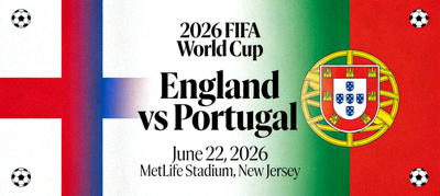 2026 FIFA World Cup schedule card for England vs Portugal match with date and venue information