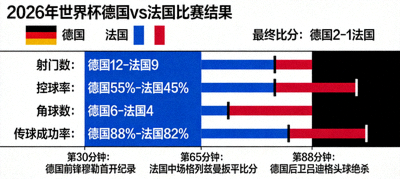 2026年世界杯德国对阵法国比赛结果，展示比赛统计数据与最终比分