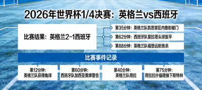 2026年世界杯英格兰对阵西班牙比赛结果图，包含进球时间与比赛事件记录