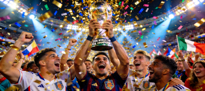 2026 World Cup final champion trophy celebration with confetti and stadium atmosphere
