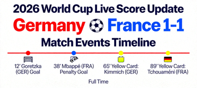 2026 World Cup live score update showing Germany vs France 1-1 draw with match events timeline