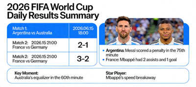 2026 FIFA World Cup daily results summary with match reports and highlights