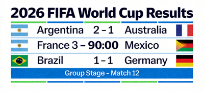 2026 FIFA World Cup results scoreboard showing match scores and team names