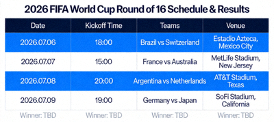 2026 FIFA World Cup round of 16 knockout matches schedule and results