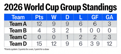 2026 World Cup group standings table with points, wins, draws, losses, goals for and against