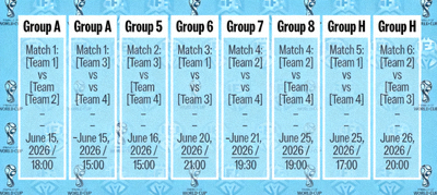 Group stage fixtures for the 2026 FIFA World Cup with all group A to H match schedules