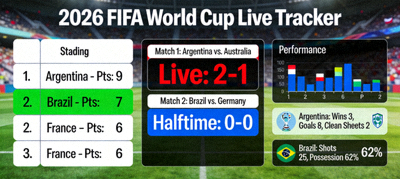 Live scores and standings tracking for the 2026 FIFA World Cup with team performance data