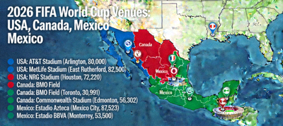 Map and list of all 2026 FIFA World Cup venues including stadiums in USA, Canada, and Mexico with capacities
