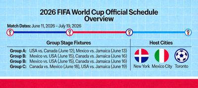 Overview of the 2026 FIFA World Cup official schedule showing match dates, group stage fixtures, and host cities across North America
