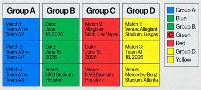 2026 FIFA World Cup group stage schedule overview showing match dates, venues and team groups