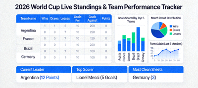 2026 World Cup live standings and team performance tracking dashboard